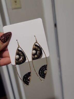 Gold and Black Beaded Drop Earrings - Elegant Women's Jewelry